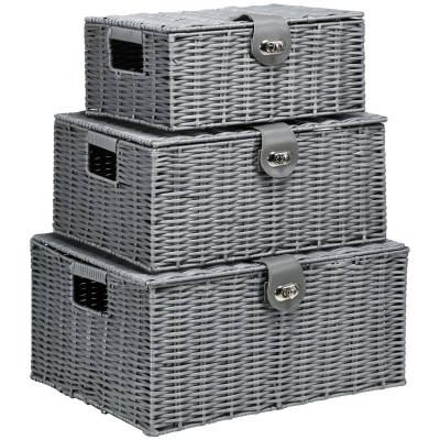 HOMCOM 3er-Set Aufbewahrungskörbe aus PE- Rattan, mit Verschluss, Tragegriffen, 35,5 cm x 28,5 cm x 18 cm, Grau