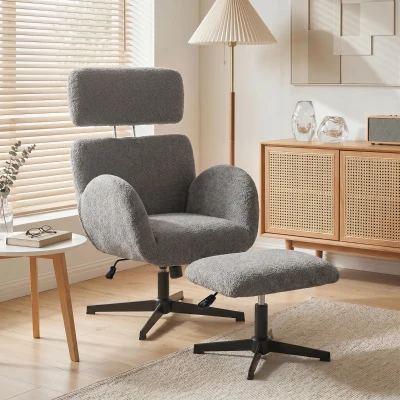HOMCOM Swivel Armchair & Footstool Set with Headrest Grey