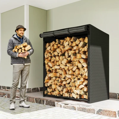 Outsunny Leñero Exterior Metálico de Chimenea Soporte para Leña con Cubierta Impermeable Carga 300 kg 140x70x154 cm Negro
