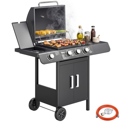 Outsunny Barbacoa de Gas BBQ con 3+1 Quemadores 11,6 KW 2 Mesas Laterales Armario de 2 Puertas Termómetro y 2 Ruedas Acero Inoxidable 110x50x100 cm Negro