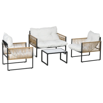 Outsunny Conjunto de Jardín Exterior de Ratán Sintético con 2 Sillones 1 Sofá de 2 Plazas 1 Mesa de Centro y Cojines Crema