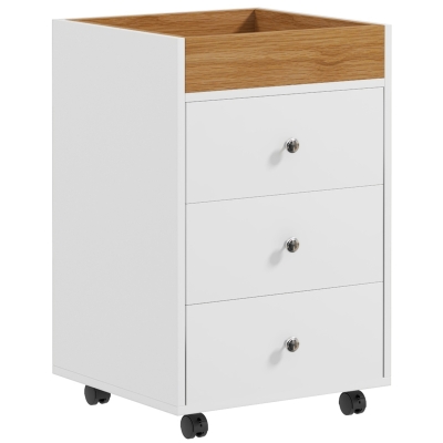 HOMCOM Cajonera de Oficina con 4 Ruedas 3 Cajones y 1 Bandeja Extraíble Carga 30 kg 43x40x66,5 cm Blanco y Natural
