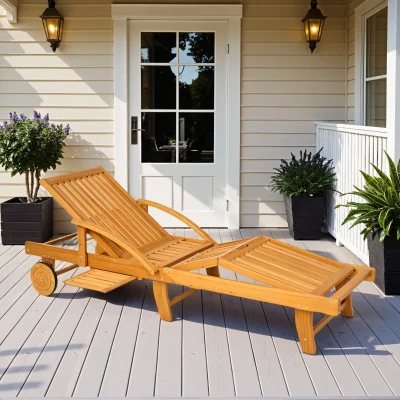 Outsunny Opvouwbare Houten Zonneligstoel met Zijtafel, Wielen, 4 Standen Verstelbare Rugleuning Teak