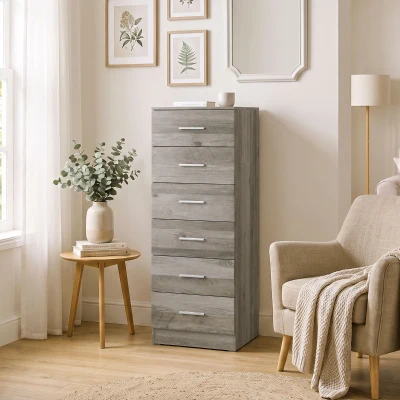 HOMCOM Comodă cu 6 sertare Comodă înaltă pentru dormitor cu sistem anti-răsturnare 40x40x110 cm Gri deschis