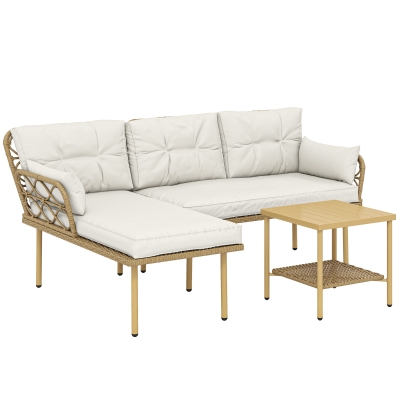 Outsunny Conjunto de Jardín Exterior de Ratán con 1 Sofá de 2 Plazas 1 Sofá Esquinera y 1 Mesa de Centro Natural y Crema