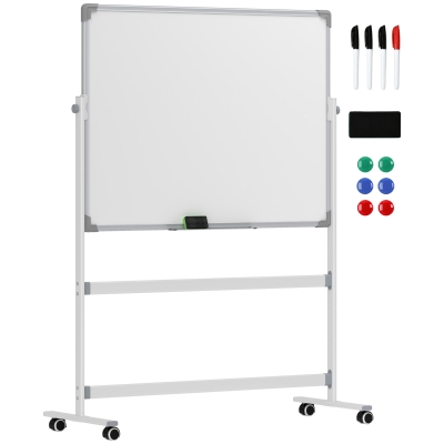 HOMCOM Dubbelzijdig Magnetisch Whiteboard met Standaard 120 x 90 cm – Droog uitwisbare Magnetische Bord met Pennenbakje en Aluminium Frame, Draaibaar en Verrijdbaar voor Kantoor en Thuis