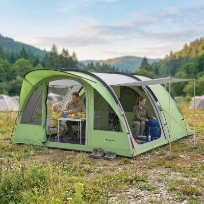 Outsunny 4-Person Camping Tunnel Tent Waterproof 2-Room Green Grey