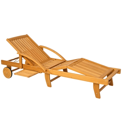 Outsunny Opvouwbare Houten Zonneligstoel met Zijtafel, Wielen, 4 Standen Verstelbare Rugleuning Teak