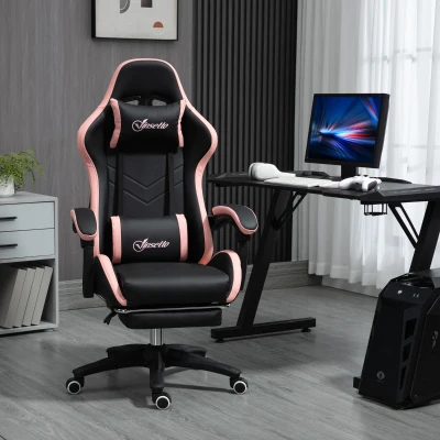Vinsetto Bureaustoel, Gamingstoel, met Hoofdsteun en Lendensteun, Roze + Zwart