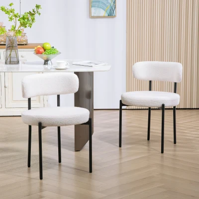 HOMCOM Set van 2 Eetstoelen, Fleece-bekleding, Stoelen met Beklede Zitting, Metalen Poten, Crème