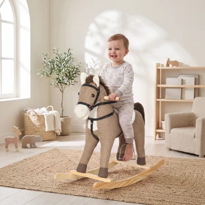 AIYAPLAY Caballo Balancín con Sonidos y Asas de Seguridad Base de Madera para Niños de 12 a 36 Meses Marrón Oscuro