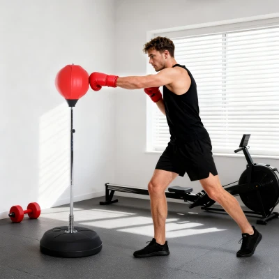 HOMCOM Saco de Boxeo de Pie con Altura Ajustable en 4 Niveles 126-144 cm Base Rellenable y Guantes de Boxeo Rojo y Negro