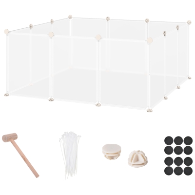 PawHut Valla para Mascotas, Jaula Modular, Recinto Interior de Plástico Transparente con 12 Paneles, 24 Conectores, para Cobayas, 105x105x45 cm, Blanco