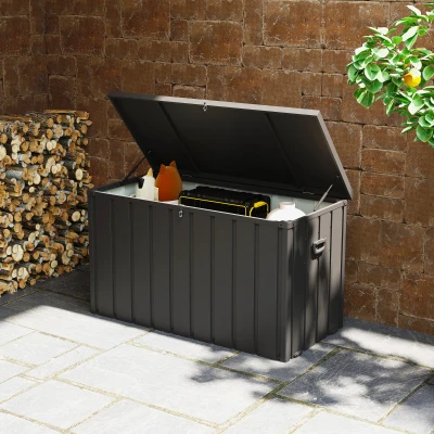 Outsunny Baúl de Almacenaje Exterior de Acero con 4 Ruedas 2 Asas y Tapa Bloqueable 125,5x61,5x70 cm Gris Oscuro