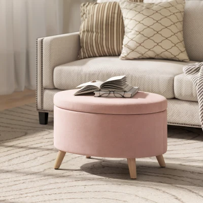 HOMCOM Puff Almacenaje Ovalado Banco Almacenaje 71x51,5x42 cm Tapizado en Terciopelo con Patas de Madera Maciza Rosa Claro