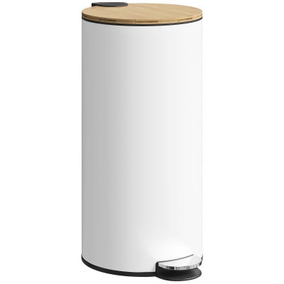 HOMCOM Poubelle 30L Bambou Fermeture Douce Bac Amovible Blanc