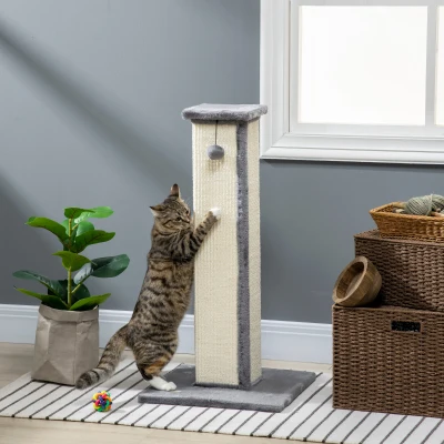 PawHut Krabpaal Kattenboom, inclusief speelbal, pluche, sisal, 41 cm x 41 cm x 81 cm, crème + grijs