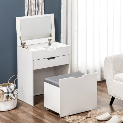 HOMCOM Dressing Table with Mirror & Storage Stool White