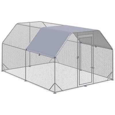 PawHut Gallinero para Exterior Grande 2,8x3,8x1,95 m Jaula de Gallinas de 2 Habitaciones Cubierta de Tela Oxford Anti-UV Plata