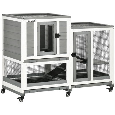 PawHut Jaula para Conejos 2 Niveles de Madera con 6 Ruedas 2 Escaleras 3 Bandejas Extraíbles y Zona Abierta 110x50x86 cm Gris