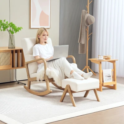 HOMCOM Schommelstoel met Kruk, Zachte Bekleding, Linnenlook, Houten Frame, Crèmewit