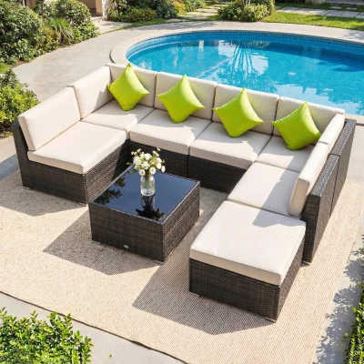 Outsunny 7-Seater Rattan Corner Sofa Set Brown