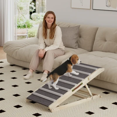 PawHut Rampa para Perros Plegable y Altura Ajustable 35-50 cm Rampa para Mascotas de Madera con Alfombrilla Antideslizante