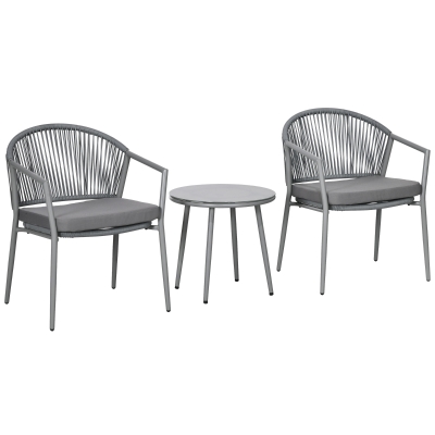 Outsunny Juego de 2 Sillas y Mesa de Ratán con Cojines Acolchados y Encimera de Vidrio para Balcón Terraza Gris