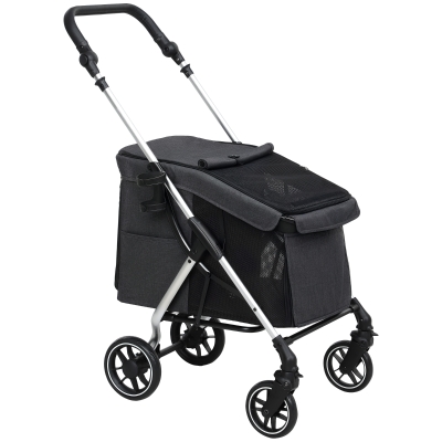 PawHut Poussette Chien 4 Roues Pliable Gris Coussin Lavable