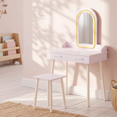 AIYAPLAY Coiffeuse Enfant Rose avec Tabouret, Miroir LED, 2 Tiroirs