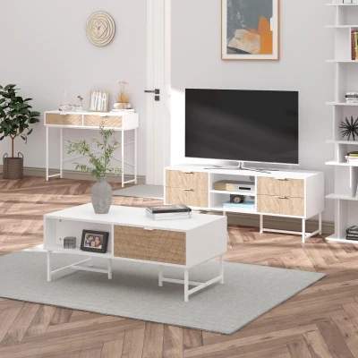 HOMCOM Mesa de Consola Estrecha con 2 Cajones Diseño de Líneas Talladas Estilo Moderna Blanco y Roble