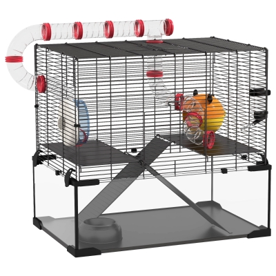 PawHut Gerbil Cage with Tunnels & Exercise Wheel 60x40x57cm
