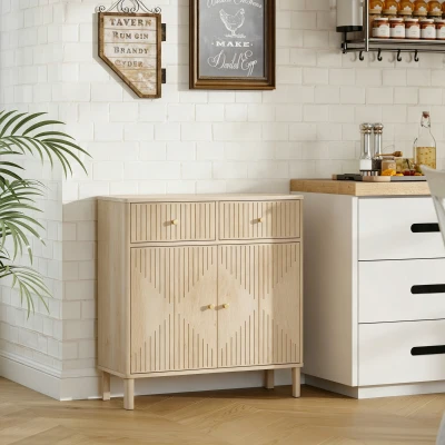 HOMCOM Buffet Bois 2 Tiroirs Armoire Effet Marbre Chêne 77x30x80 cm
