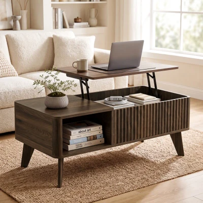 HOMCOM Mesa de Centro Elevable con Compartimento Oculto Estantes Abiertos Frontal Ondulado 100x48x41-56 cm Nogal