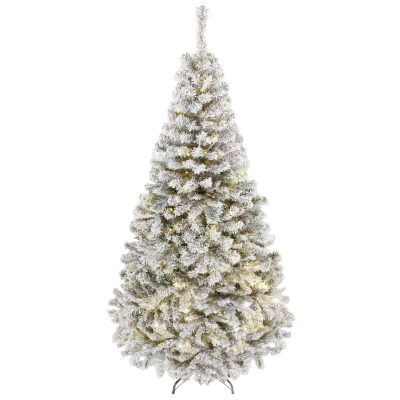 HOMCOM Árbol de Navidad Nevado con 240 Luces LED Blanco Cálido 200 cm 850 Ramas Ignífugas Abatibles Base Metálica Plegable
