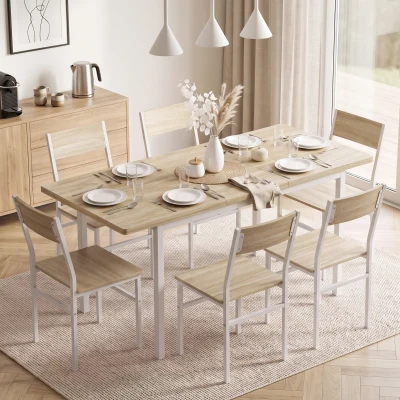 HOMCOM Conjunto Mesa de Comedor Extensible 120-160 cm y 6 Sillas Apilables para 4-6 Personas Efecto Roble