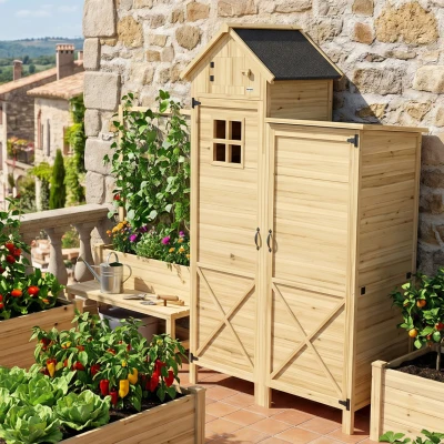 Outsunny Cabane à Outils Bois Naturel Jardin Double Zone