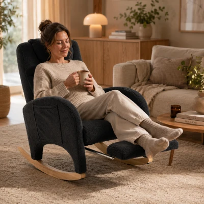 Schommelstoel relaxfauteuil, ergonomische hoofdsteun en inklapbare voetensteun, 66x125x101 cm, Donkergrijs