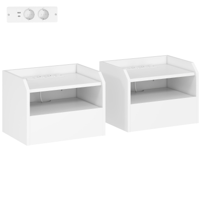 HOMCOM Juego de 2 Mesitas de Noche Flotantes con Estación de Carga Cajón Estante Abierto 40x29x29 cm Blanco