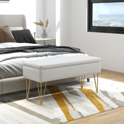 HOMCOM Banco Pie de Cama Tapizado en Lino Sintético con Patas de Acero y Asiento Acolchado Crema