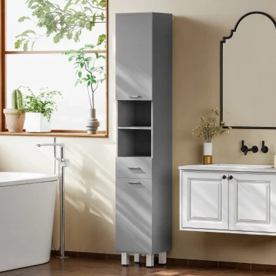 kleankin Armoire Salle de Bain Gris avec Étagères et Tiroir