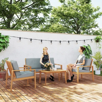 Outsunny 4-Piece Wooden Furniture Set with Cushions Teak