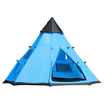 Outsunny 6-Man Tipi Tent Blue with Mesh Windows & Carry Bag