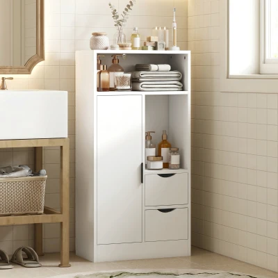 HOMCOM Armario de Baño con 2 Cajones Compartimento Abierto y Estantes Ajustables para Espacio Pequeño 50x25x100 cm Blanco