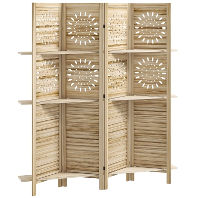 HOMCOM Paravent 4 Panneaux Bois Naturel avec Étagères 160x170 cm