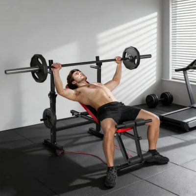 SPORTNOW Banco de Musculación Multifuncional con Soporte para Barra Ajustable y Respaldo Regulable para Casa Gimnasio