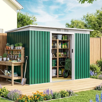 Outsunny Cobertizo de Jardín 280x130x172 cm Caseta de Exterior Metálica para Almacenamiento de Herramientas Verde Oliva