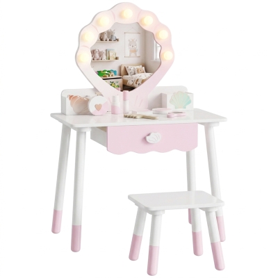 AIYAPLAY Kids Vanity Set Table Chair Mirror Pink