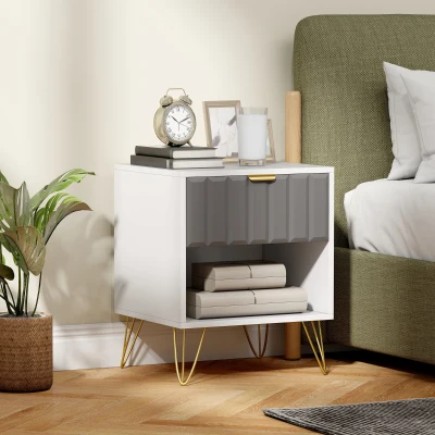 HOMCOM Table de Chevet Blanc avec Tiroir et Pieds en Acier