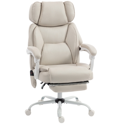 HOMCOM Silla de Escritorio Reclinable con Masaje Vibratorio de 6 Puntos Calor Lumbar Reposacabezas Ajustable Reposapiés Crema